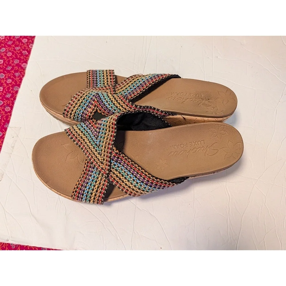 Skechers Luxe Foam Multicolor Woven Wedge Sandals US 10 Y2K Platform Slide 38554